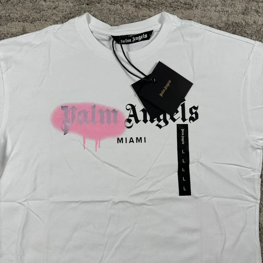 Palm Angels Pink Graffiti Miami White T-Shirt Size Large